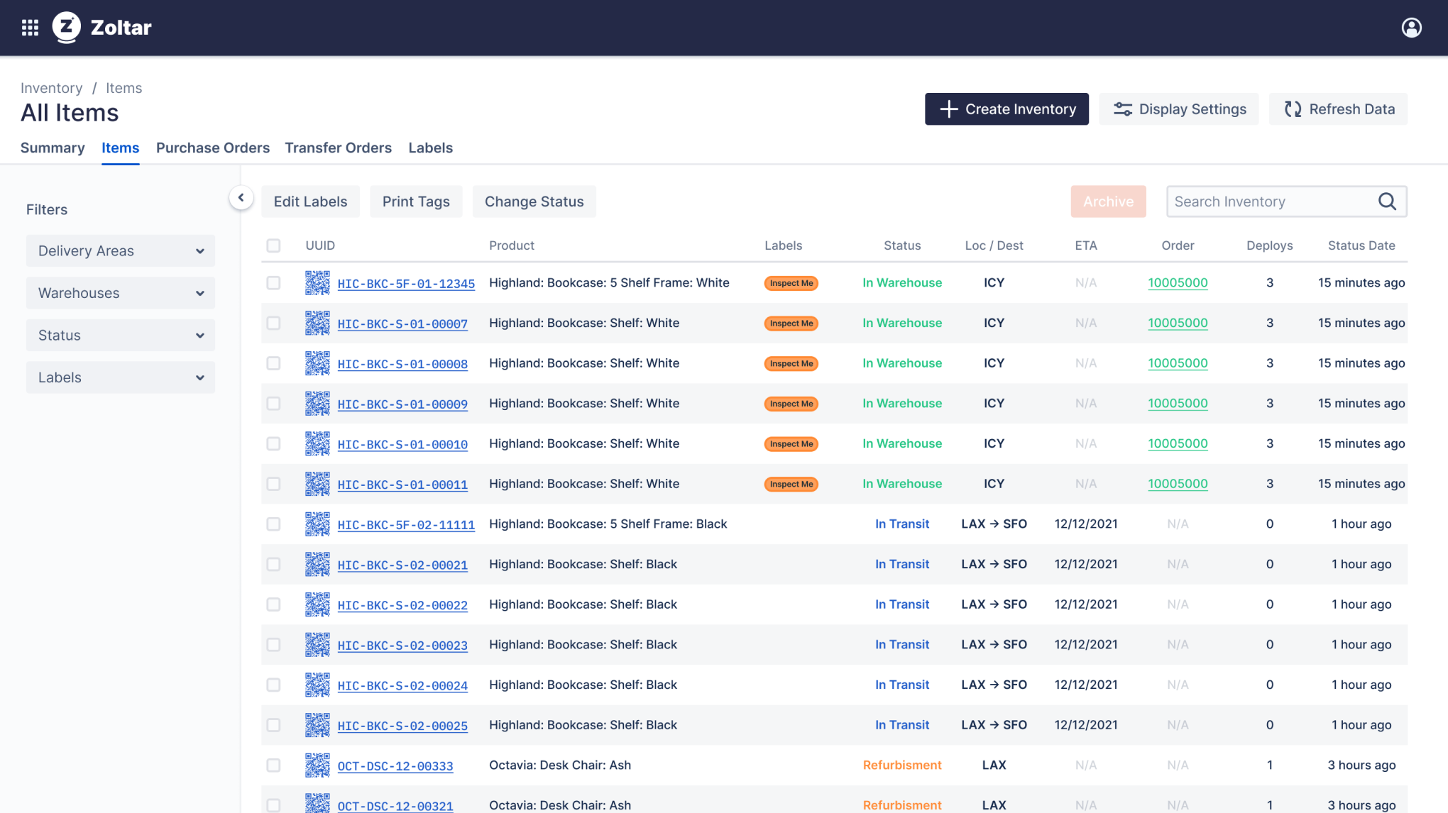 Zoltar Desktop - inventory all items view Zoltar Desktop - inventory all items view