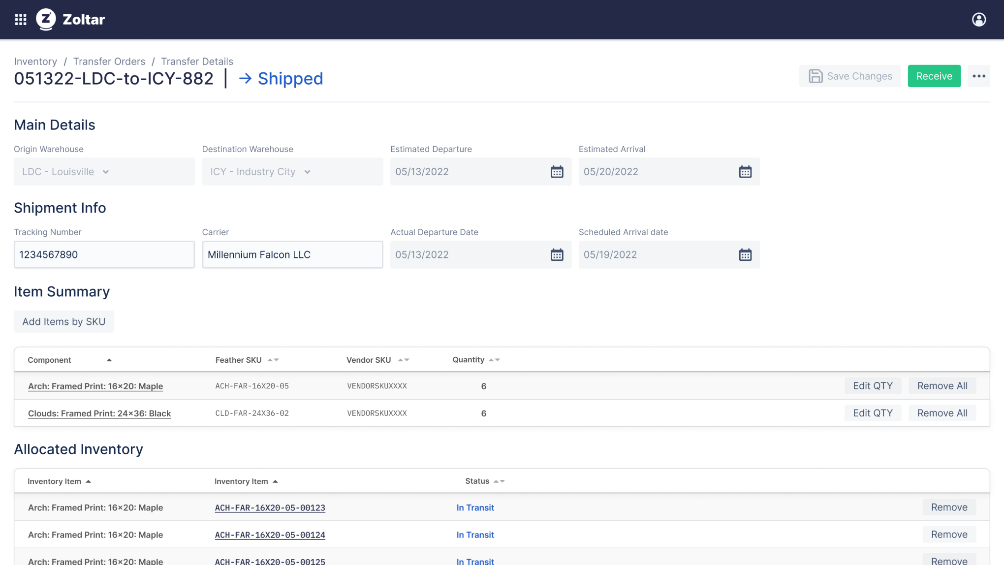 Zoltar Desktop - inventory transfer order detail screen Zoltar Desktop - inventory transfer order detail screen